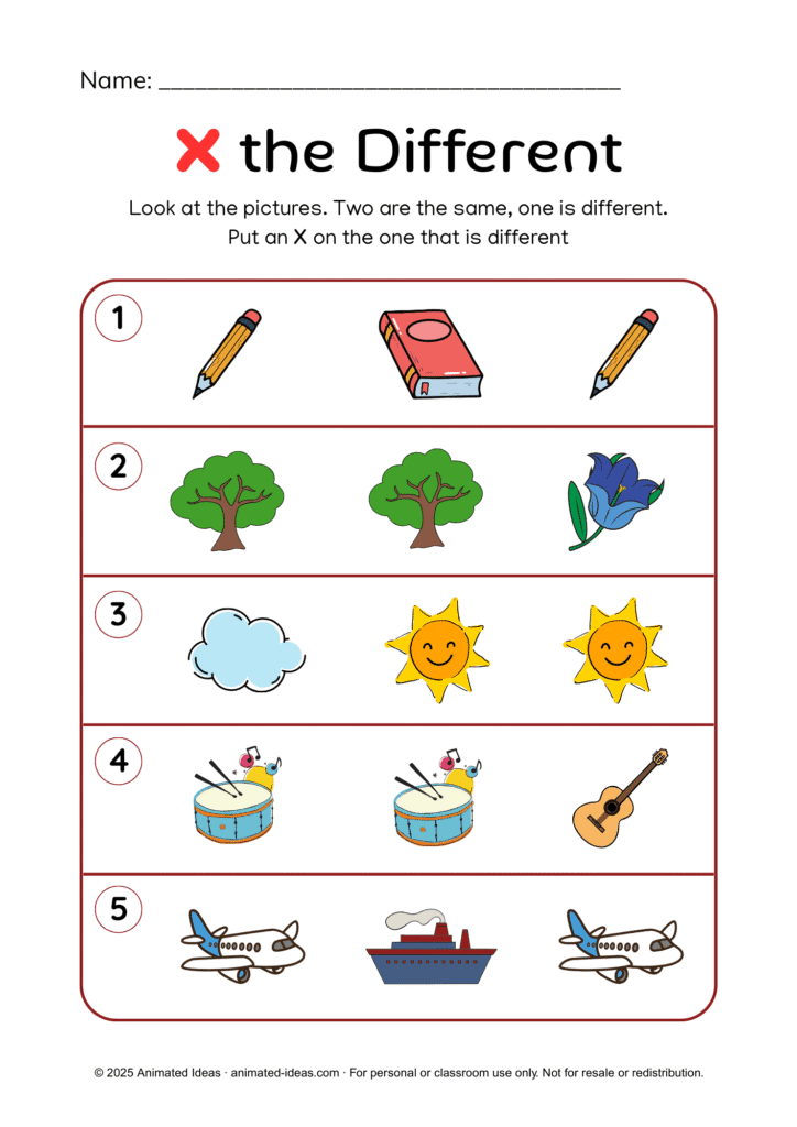 Same and Different Worksheets for Kindergarten – X the Different activity