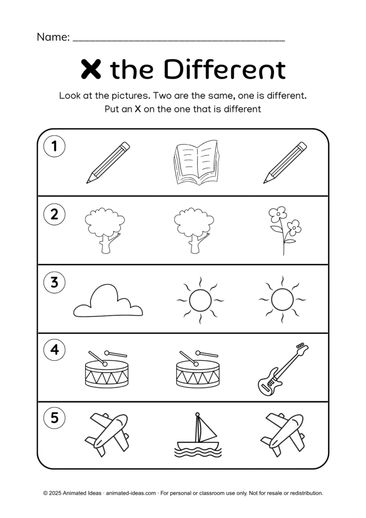 Same and Different Worksheets for Kindergarten – X the Different activity (black and white)