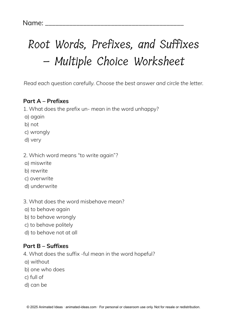 Root Words, Prefixes, and Suffixes worksheets for Grade 4 with multiple-choice questions