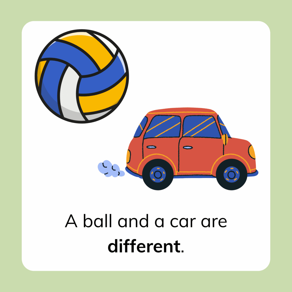Same and Different Kindergarten Lesson. Examples of things that are different: A ball and a car are different.