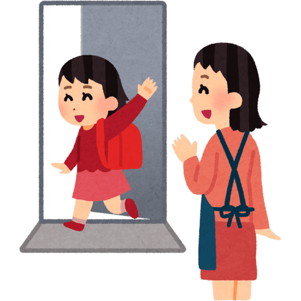 Child waving goodbye to her mother, smiling at the doorway.