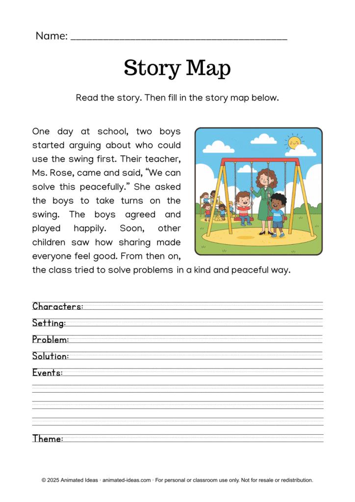 Story Elements Short Story Worksheet for Kids where students read a passage and identify characters, setting, problem, solution, events, and theme