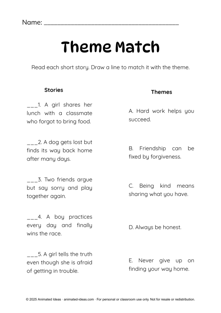 Theme Match Worksheet for Kids where students read short stories and match them to the correct theme such as kindness, honesty, or friendship