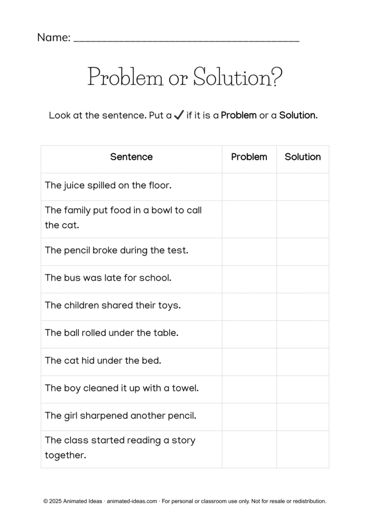 Problem or Solution Worksheet for Kids where students read sentences and decide if each one shows a problem or a solution in the story
