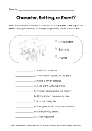 Character, Setting, or Event Worksheet for Kids where students read sentences and identify if it shows a character, a setting, or an event