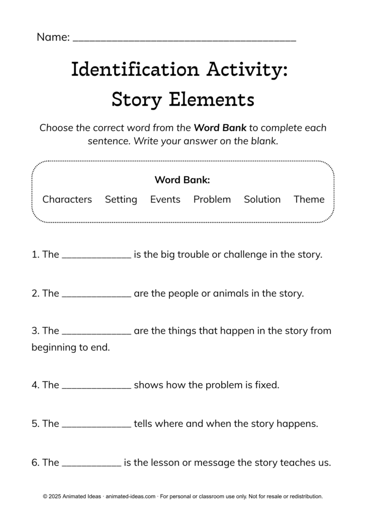 Story Elements Identification Worksheet for Kids where students complete sentences using characters, setting, problem, solution, events, and theme