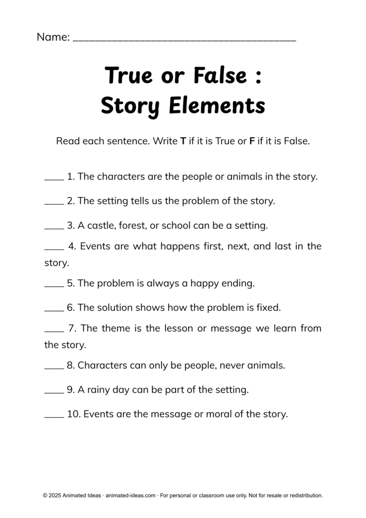 Story Elements True or False Worksheet for Kids with statements about characters, setting, problem, solution, events, and theme