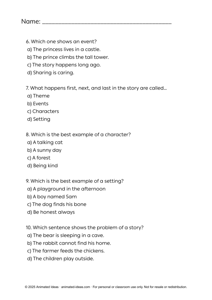 Story Elements Multiple Choice Worksheet for Kids – Page 2