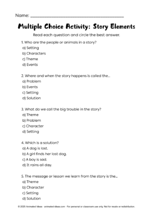 Story Elements Multiple Choice Worksheet for Kids with questions on characters, setting, problem, solution, events, and theme