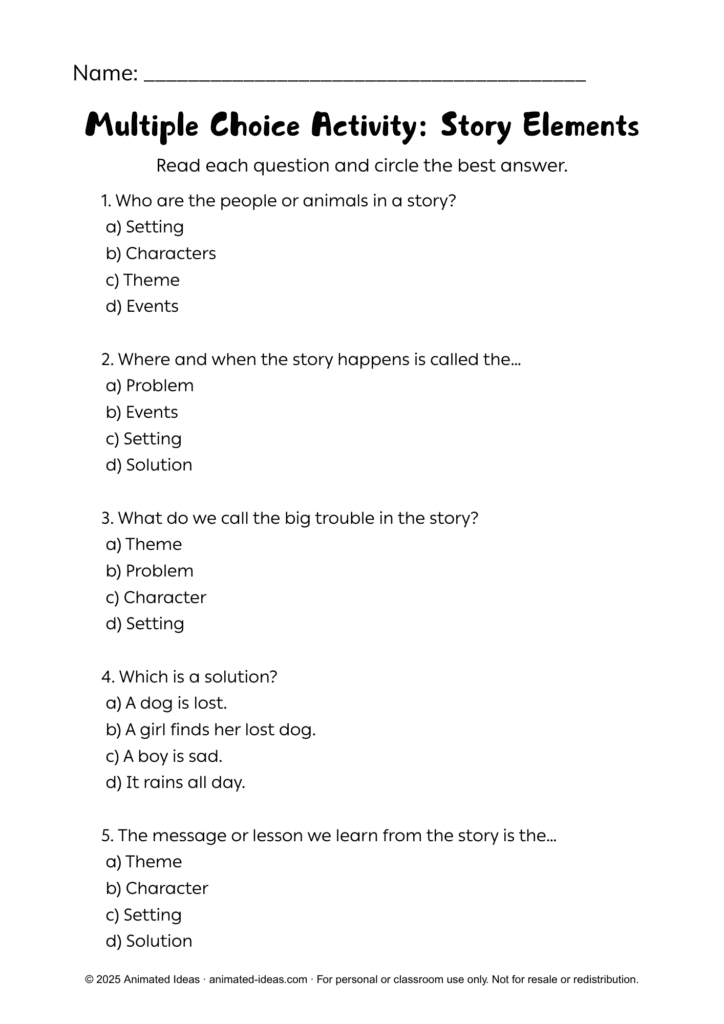 Story Elements Multiple Choice Worksheet for Kids with questions on characters, setting, problem, solution, events, and theme