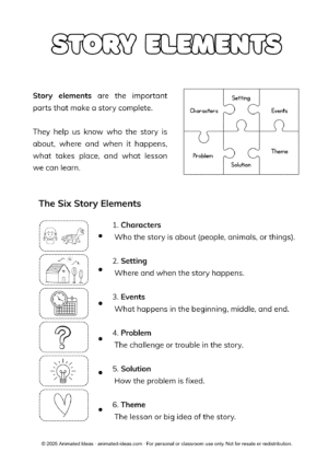 Story Elements Handout for Kids – characters, setting, problem, solution, events, and theme