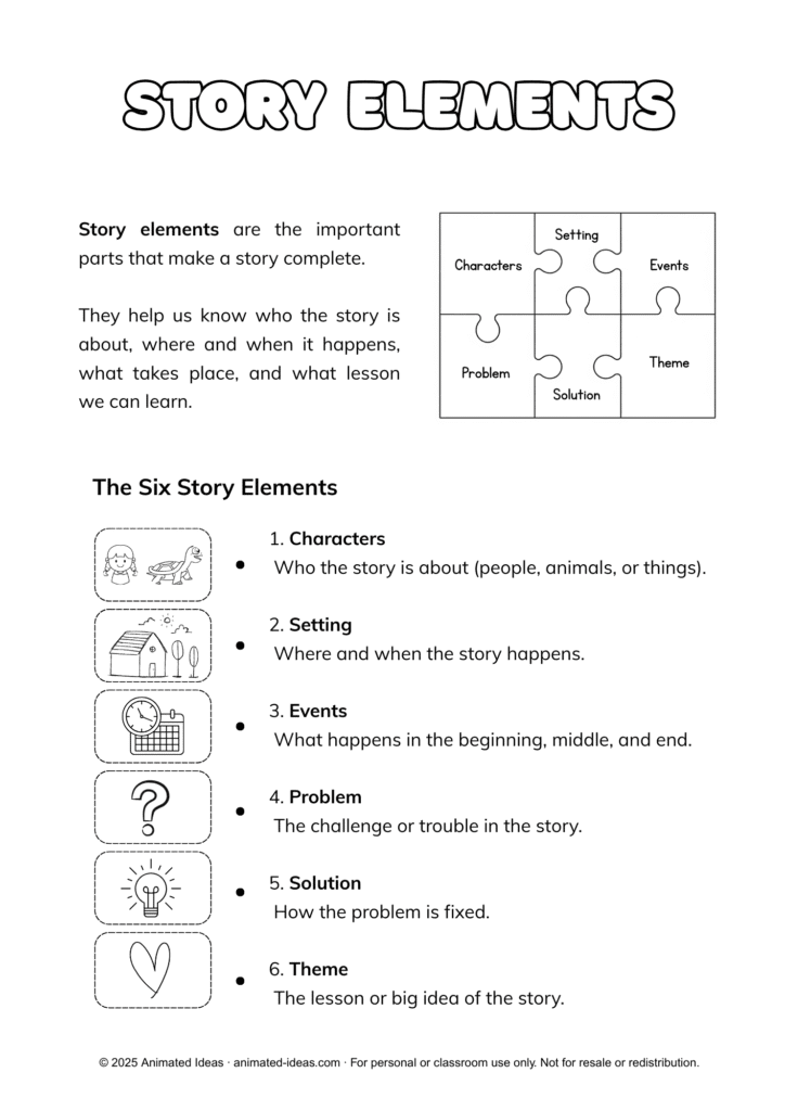Story Elements Handout for Kids – characters, setting, problem, solution, events, and theme