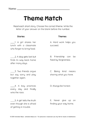 Theme Match Worksheet for Kids where students read short stories and match them to the correct theme such as kindness, honesty, or friendship