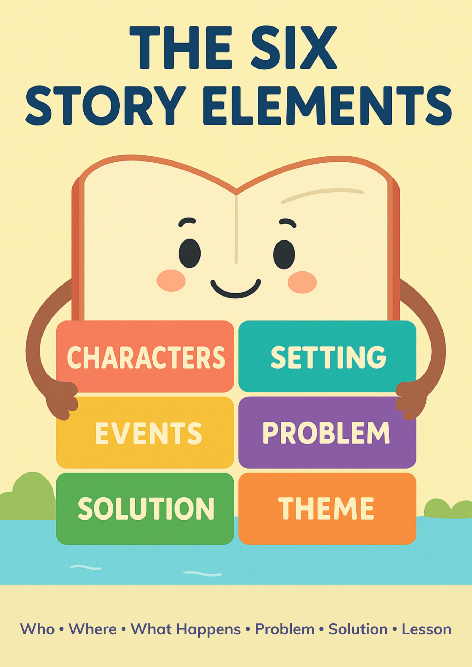 Colorful Grade 2 educational poster showing the six story elements—Characters, Setting, Events, Problem, Solution, and Theme—with a smiling book character and quick tips for kids.