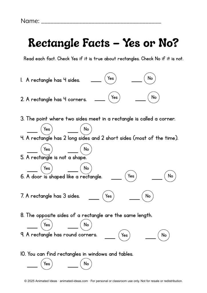 The Rectangle Worksheets – Yes or No facts about rectangles.