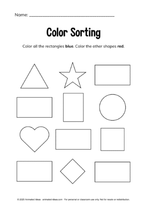 The Rectangle Worksheets – Color Sorting activity, rectangles blue and other shapes red.