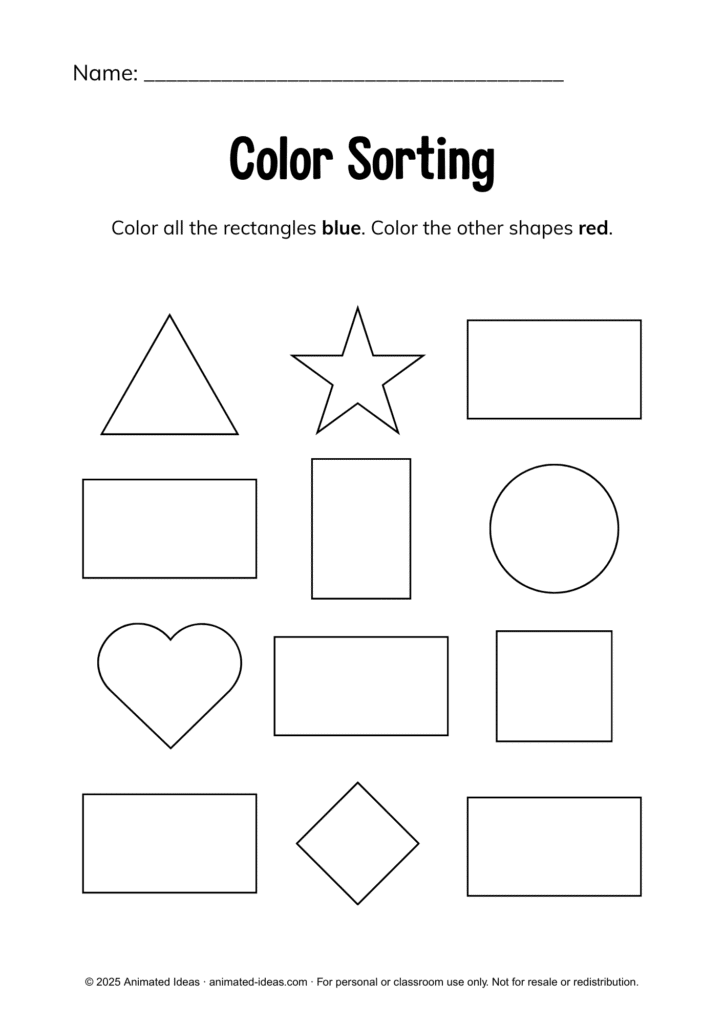 The Rectangle Worksheets – Color Sorting activity, rectangles blue and other shapes red.