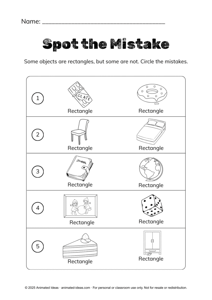 The Rectangle Worksheets – Spot the Mistake activity with rectangle and non-rectangle shapes. (Black and White)