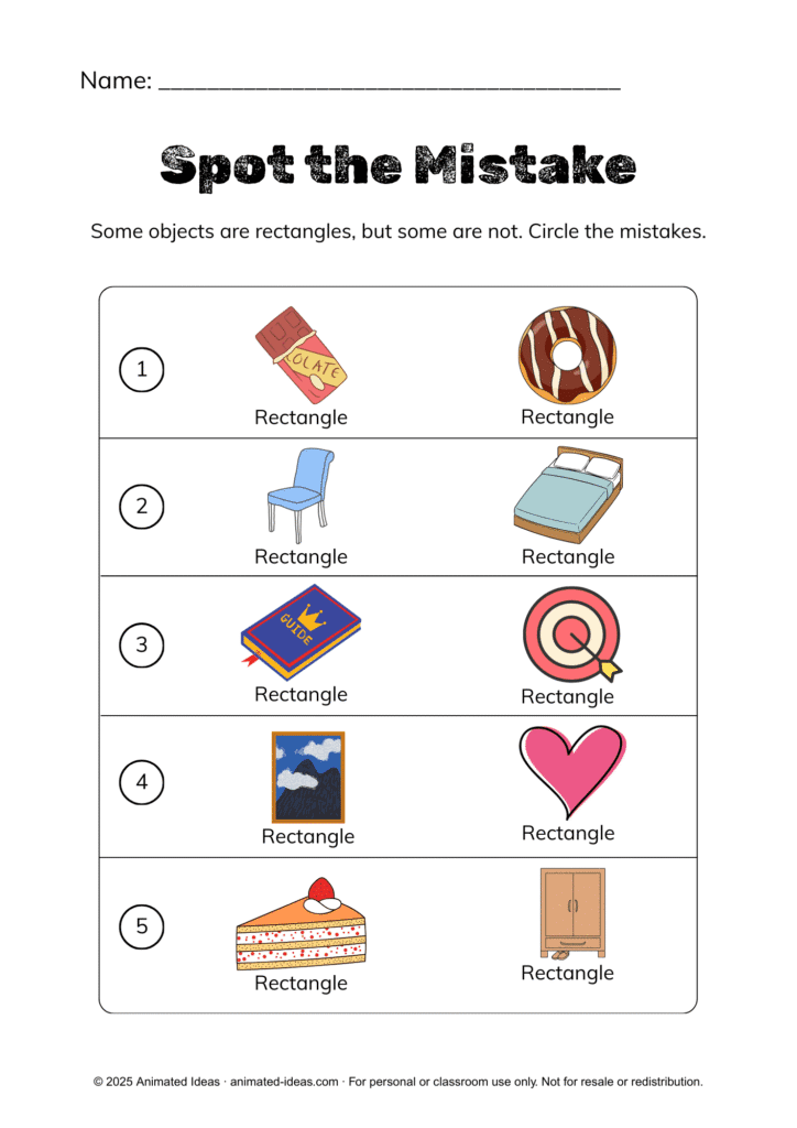 The Rectangle Worksheets – Spot the Mistake activity with rectangle and non-rectangle shapes.