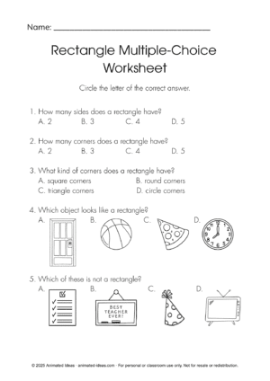 The Rectangle Worksheets – multiple-choice questions about sides, corners, and rectangle facts.