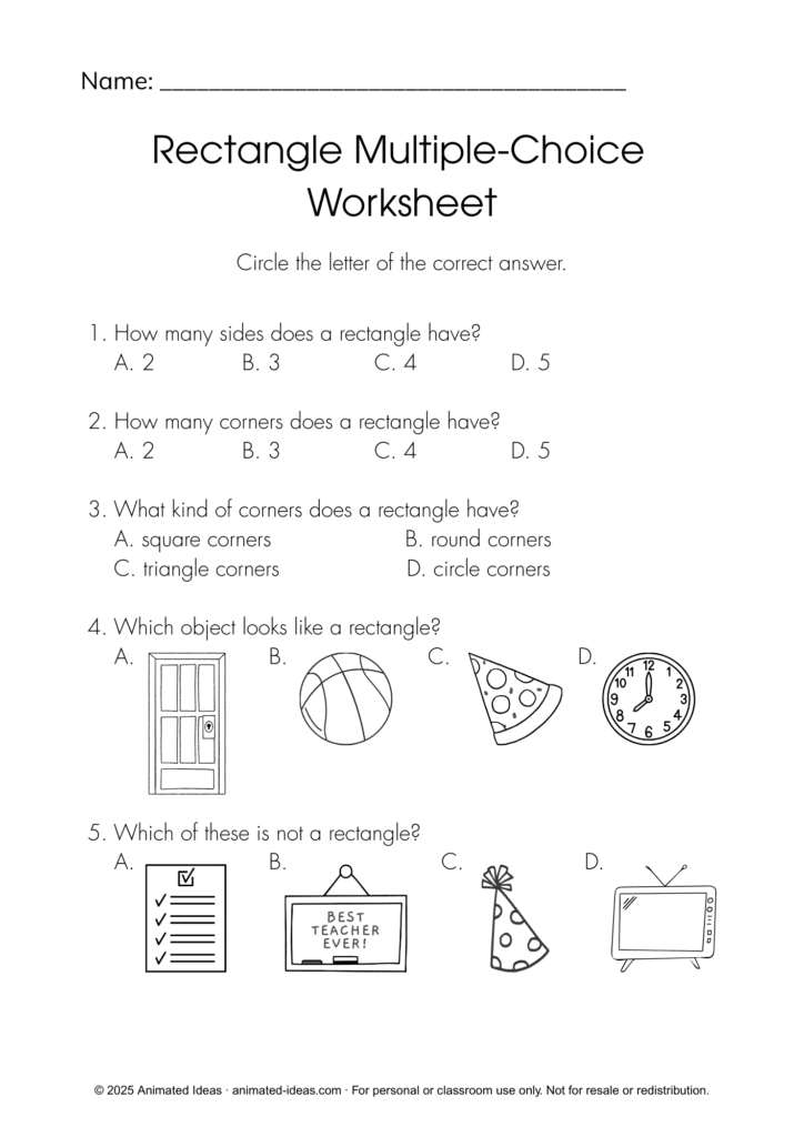 The Rectangle Worksheets – multiple-choice questions about sides, corners, and rectangle facts.