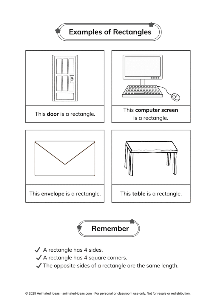 The Rectangle Printable Handout for Kids – page 2 shows real-life objects in rectangular shapes, such as a book, door, notebook, and table.