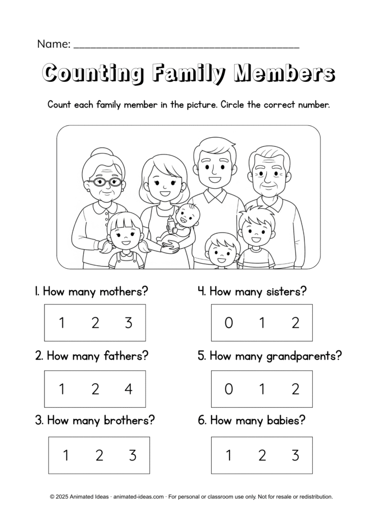 My Family worksheets for counting family members