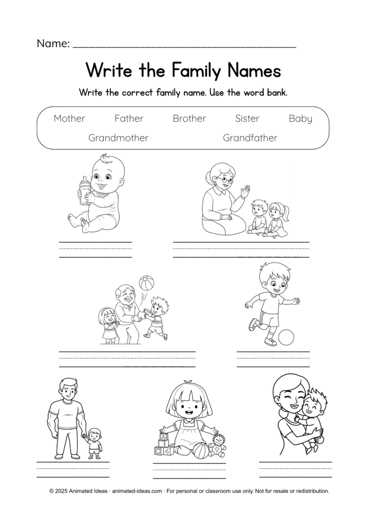 My Family worksheets for writing family names with word bank