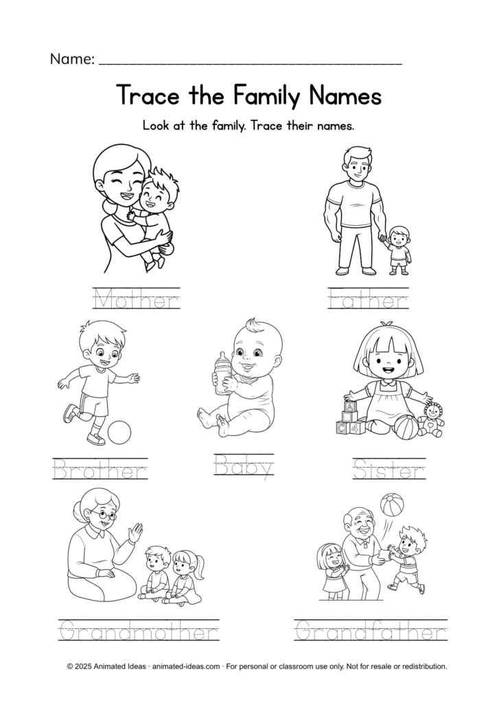 My Family worksheets with tracing family names