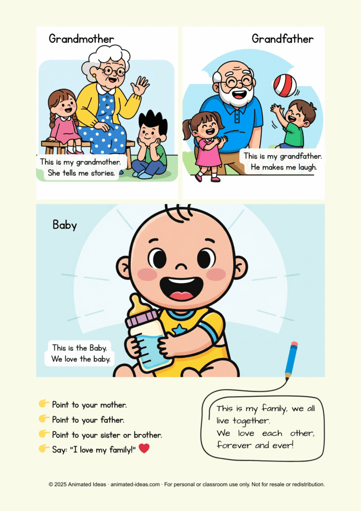My Family printable handouts with sister, brother, and grandparents