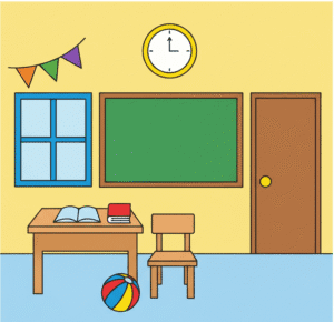 Rectangle activity for kids – classroom scene with rectangles, circles, and triangles to identify.