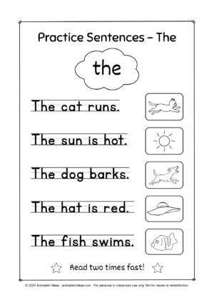 Sight word the handout – The cat runs sentence