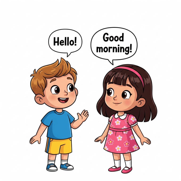 Two children greeting each other politely with ‘Good morning’ in a cartoon illustration for kids’ learning