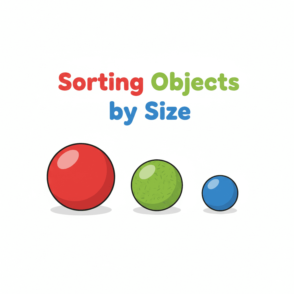 Cartoon illustration of sorting objects by size for preschoolers, showing a large red ball, medium green ball, and small blue ball on a clean white background.