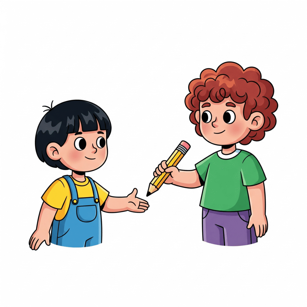 Cartoon of a child politely borrowing a pencil from another child on a white background