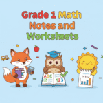 Grade 1 Math Notes and Worksheets – square featured image with numbers, shapes, abacus, clock, and coins in flat colors, kid-friendly design for 1st grade math printables.