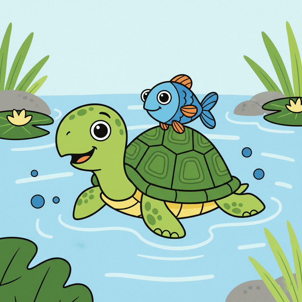 Cartoon turtle carrying a small fish on its shell while swimming in a river. Clean outlines, bright flat colors, simple child-friendly style for Grade 2 story.