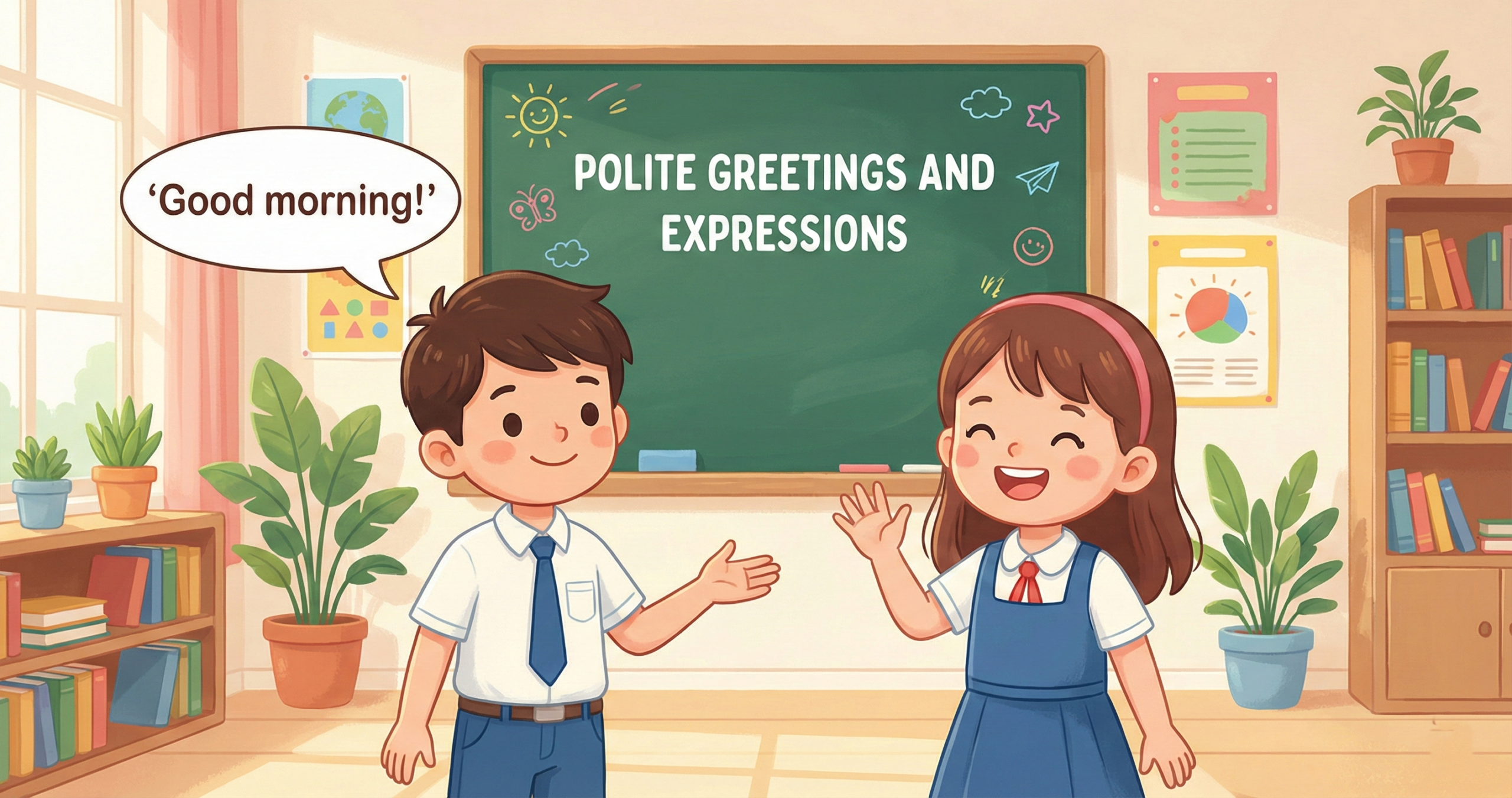 Students greeting each other politely in a classroom with speech bubbles saying Good morning, showing Polite Greetings and Expressions for an English lesson.