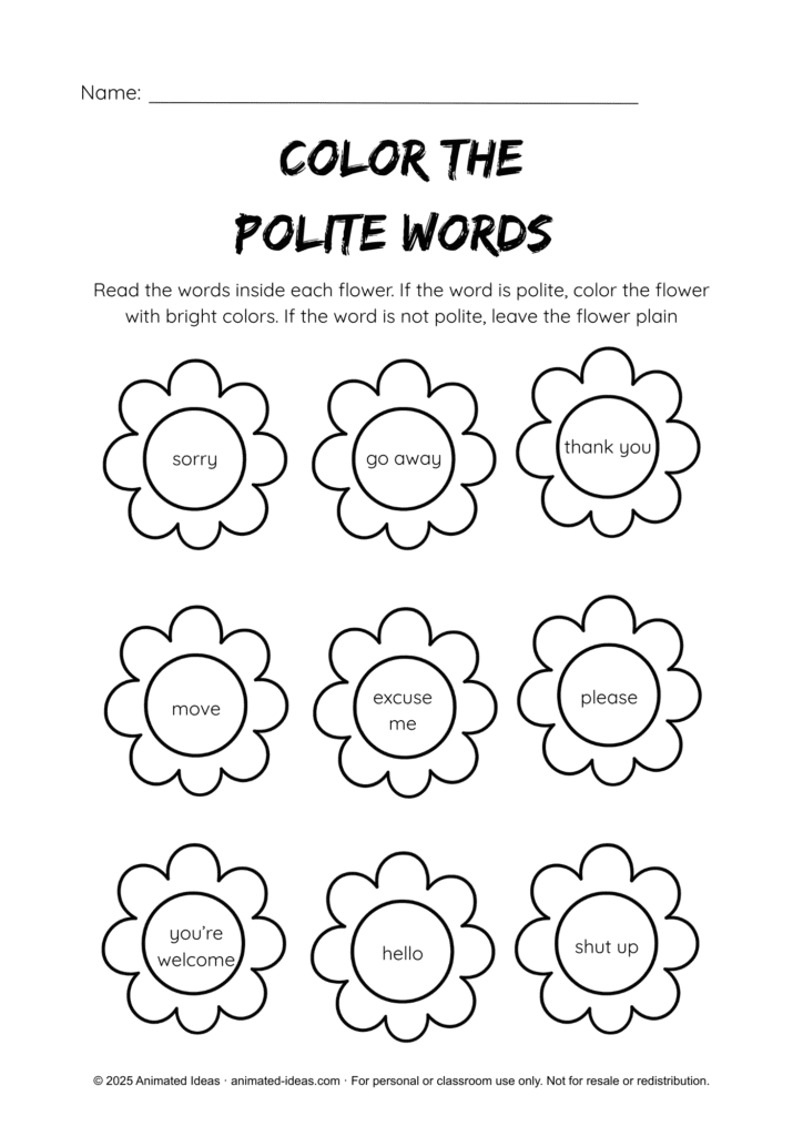 Polite Greetings and Expressions Worksheets for Grade 3 English with flowers that students color if the words inside are polite.
