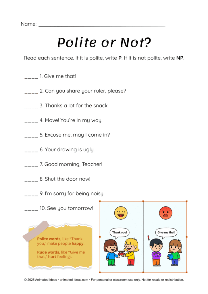 Polite Greetings and Expressions Worksheets for Grade 3 English where students identify polite and not polite sentences by writing P or NP.