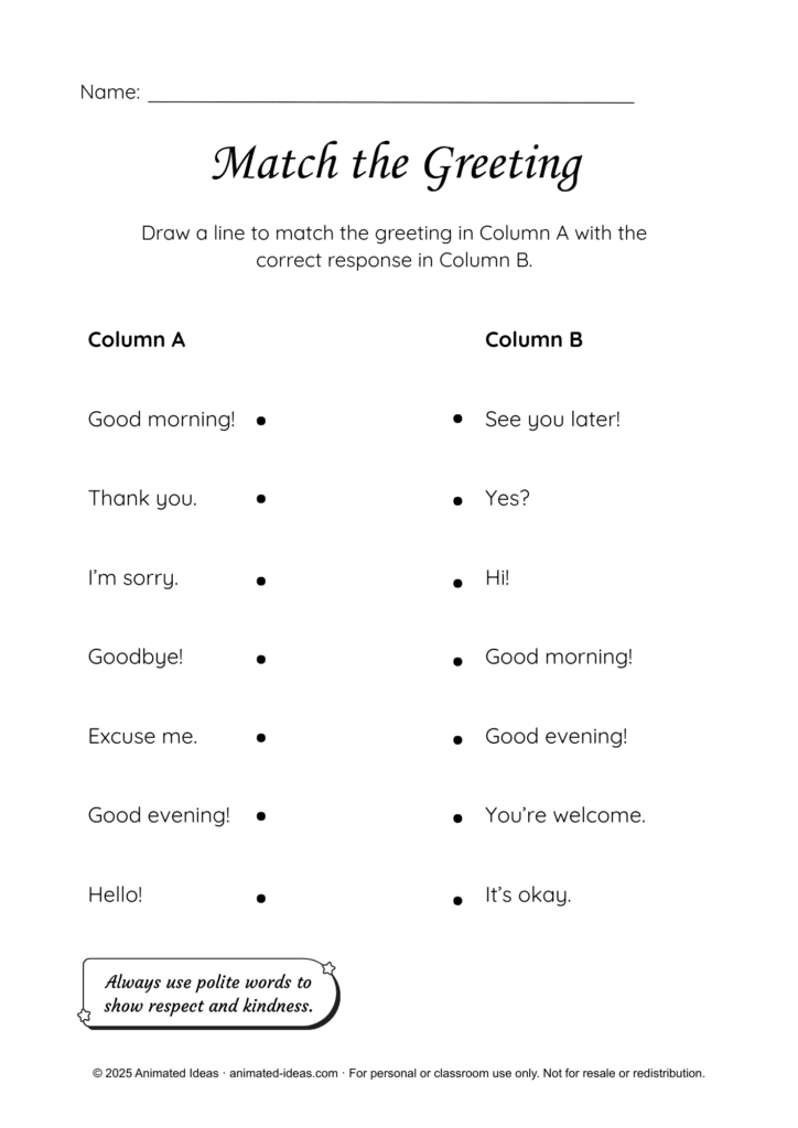 Polite Greetings and Expressions Worksheets for Grade 3 English showing a matching activity with greetings and correct responses.