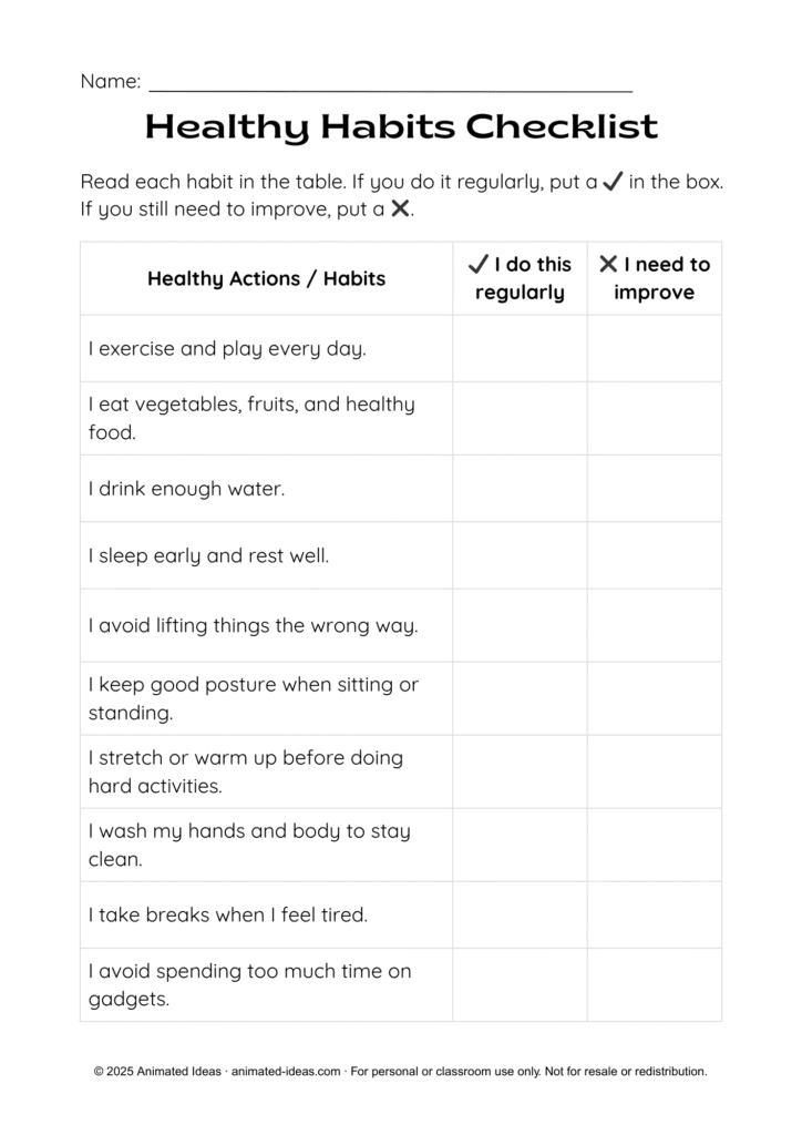 Muscular System Worksheets for Kids including a healthy habits checklist | Muscular System