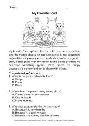 Kids Reading Worksheets – My Favorite Food