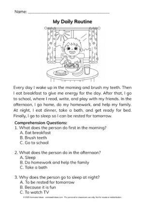 Kids Reading Worksheets – My Daily Routine