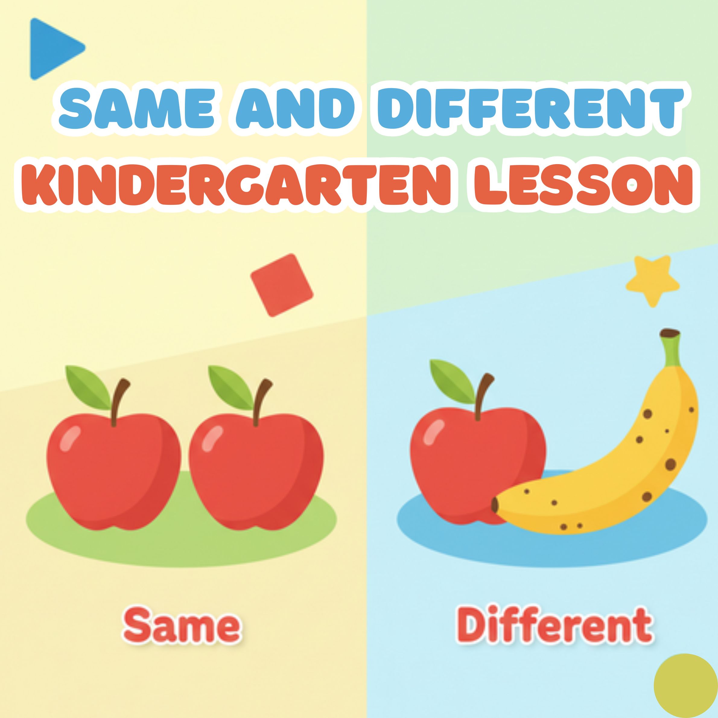 Illustration for Same and Different Kindergarten Lesson, showing two apples that are the same and an apple with a banana to show different, for Preschool and Kindergarten learning.