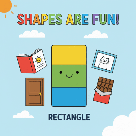 Bright and cheerful Grade 1 math illustration showing a large rectangle with square corners and flat colors. Includes real-life rectangular objects: book, door, chocolate bar, and picture frame. Minimal background, kid-friendly and educational.