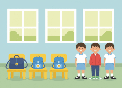 Flat-color kindergarten classroom scene showing same and different objects: three identical yellow chairs with school bags, one chair with a teacher’s bag, two children wearing the same uniform, and one child in a red jacket to teach the concept of same and different.