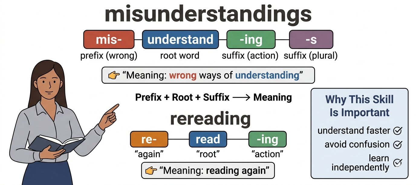 root words prefixes suffixes full word breakdown structure