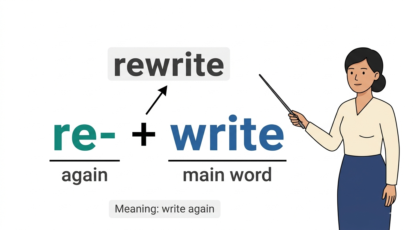 root words prefixes suffixes simple diagram showing prefix re and root word write forming rewrite