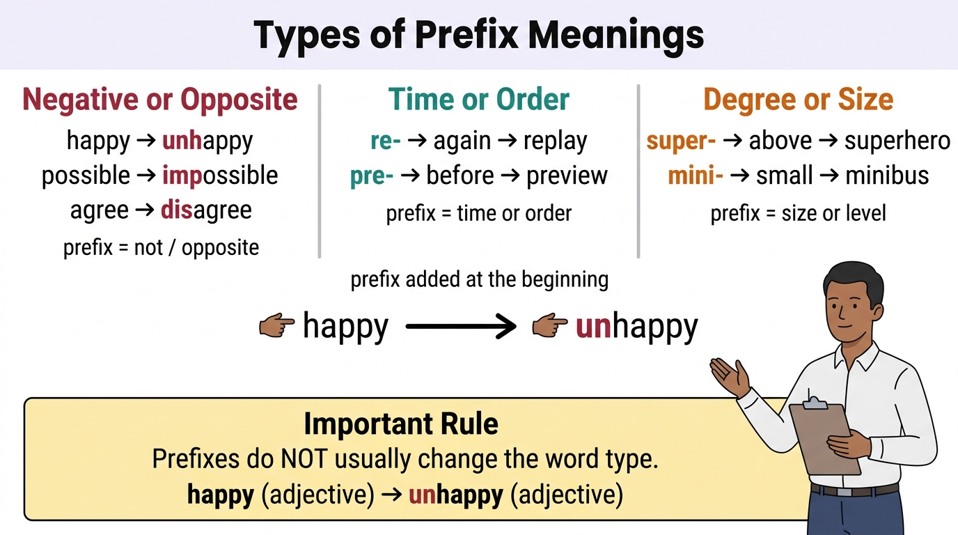 root words prefixes suffixes prefix added at beginning example diagram
